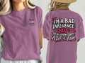 Purple t-shirt with "Petty Little Things" and "I'm a Bad Influence But We're Gonna Have A Lot of Fun" text.